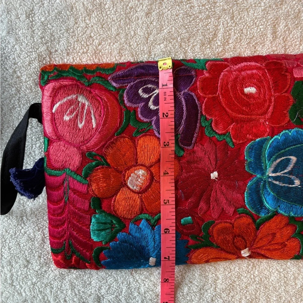 Mexican Embroidered Colorful Floral Crossbody Handbag w Tassels, Snap Closure